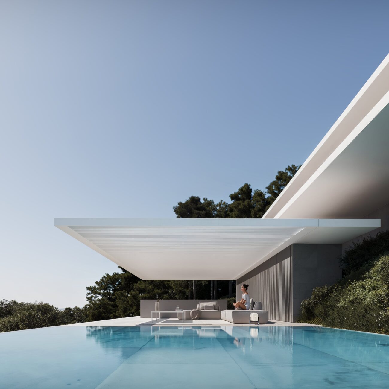 Villa Halo architectural visualisation showing its pool terrace and projecting white canopy