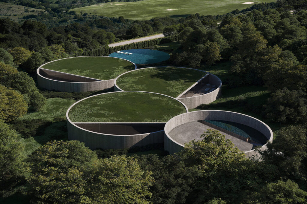 Villa Noon architectural visualisation showing its circular stone volumes and planted roofs
