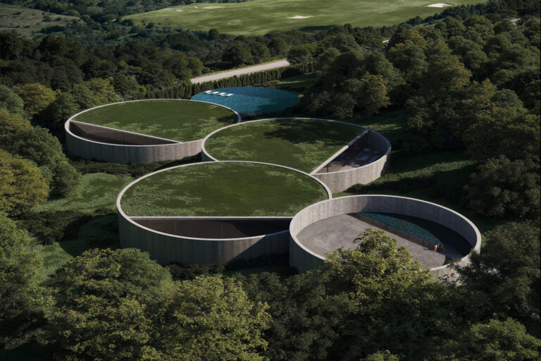 Villa Noon architectural visualisation showing its circular stone volumes and planted roofs