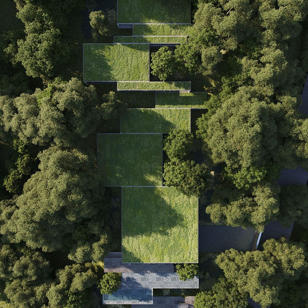 Villa Oak architectural visualisation showing its landscaped roofs among cork oak trees