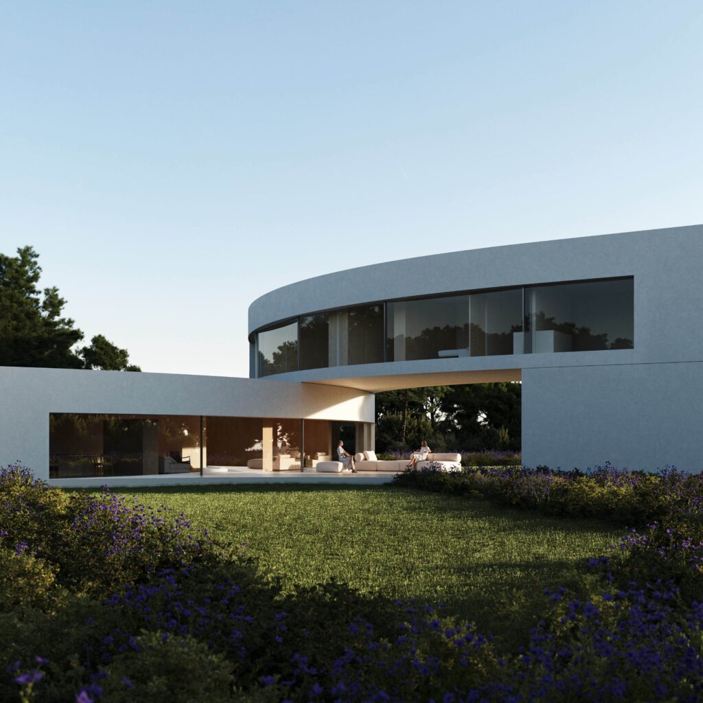 Villa Stern architectural visualisation showing its curved upper floor and garden