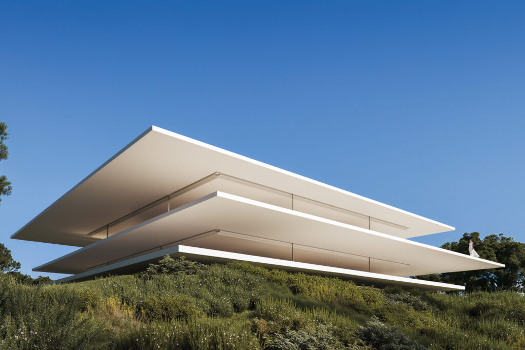 Villa Strato architectural visualisation showing layered white cantilevers in La Zagaleta